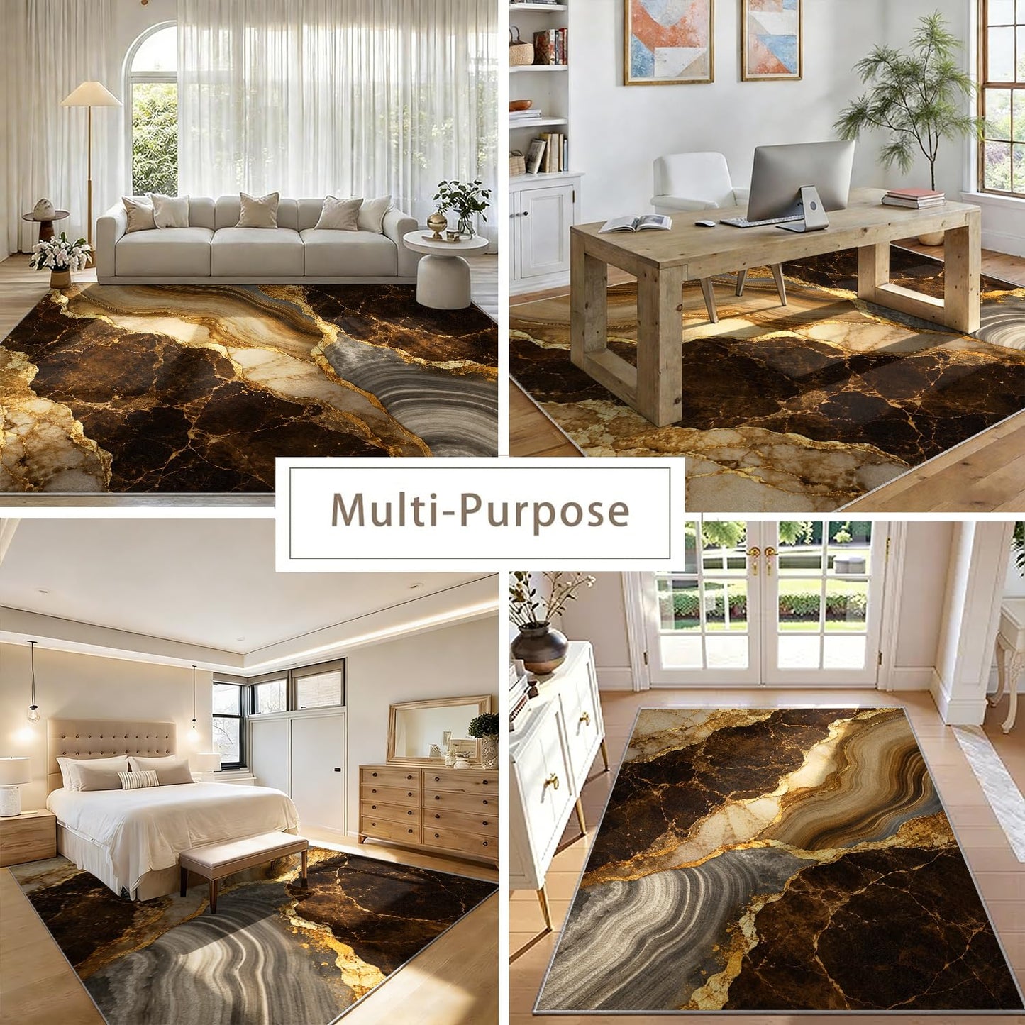 Earth Tone Brown Agate Marble Area Rug 3' x 4', Warm Beige Geode Printed Floor Carpet with Gold Accents, Non-Slip Low-Pile Washable Door Mat for Dining Room Kitchen Laundry Room Mudroom Farmhouse