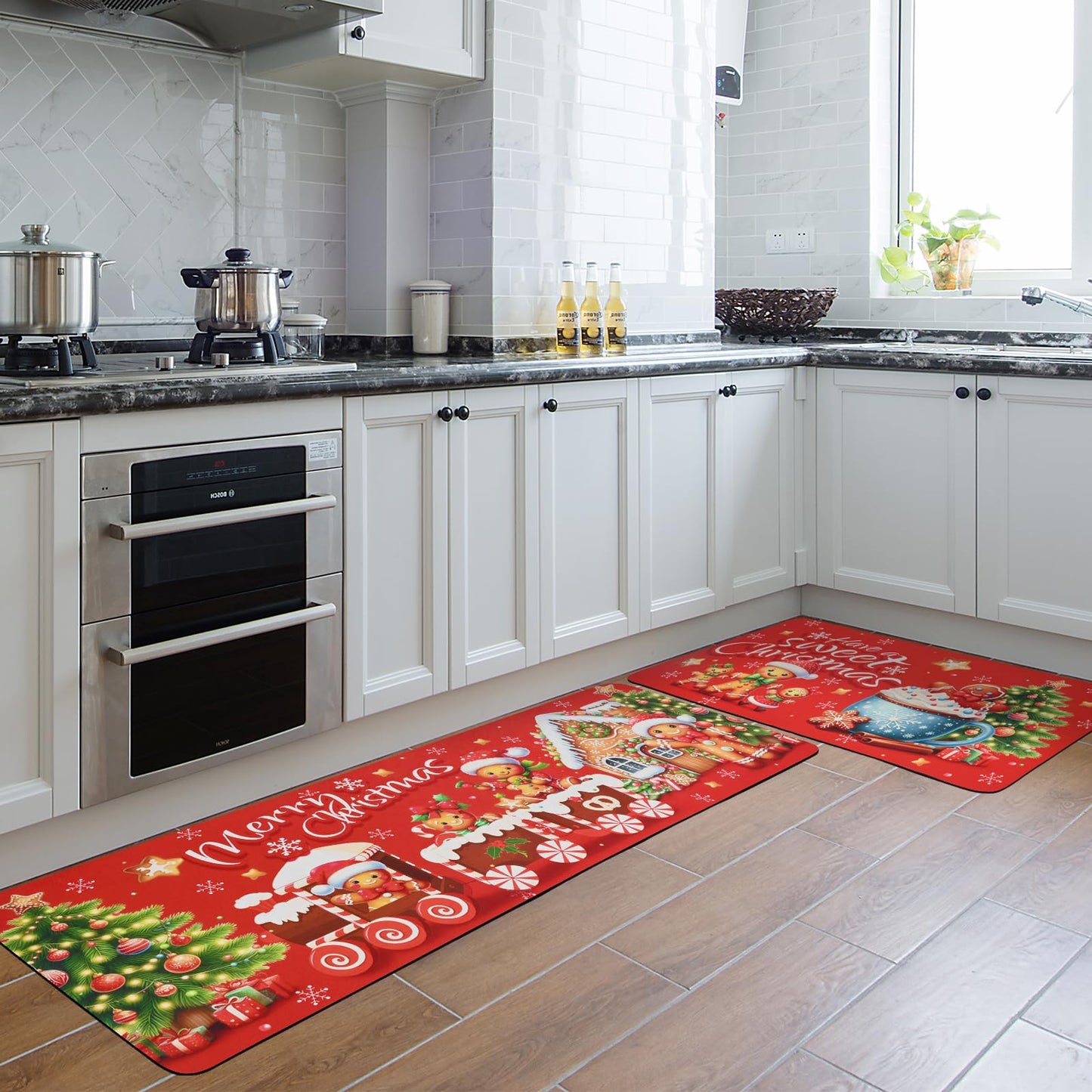 Gingerbread Man Christmas Kitchen Rugs Mats Decorations Set of 2 Winter Holiday Sink Floor Mat Carpet Non Slip Absorbent Funny Kitchen Rug Farmhouse Floor Mat Decor 17x30 and 17x47 Inch