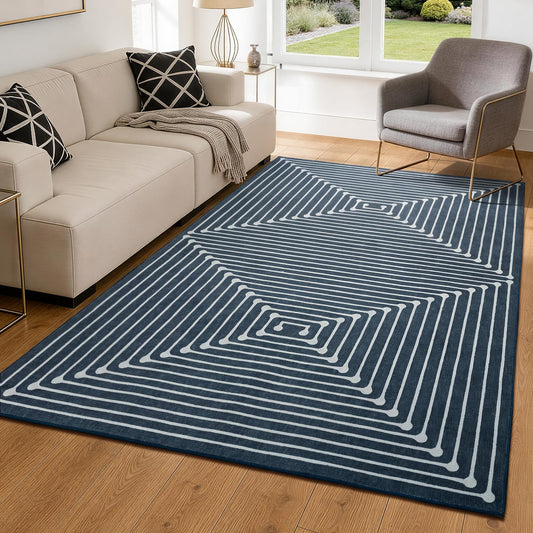 YIHOUSE Washable 5x7 Area Rugs for Living Room, Navy Blue Striped Rug for Bedroom Playroom Non Slip Low Pile, Soft Modern Geometric Carpet for Entryway Home Office Decor