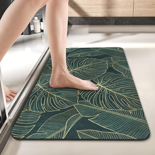 Arttown Tropical Leaves Bath Mat for Bathroom, Golden and Green Palm Leaf Quick Dry and Super Absorbent Bath Mat Rugs, Non Slip Rubber Backing Floor Rug 17x30 Inches for Kitchen Bedroom Indoor