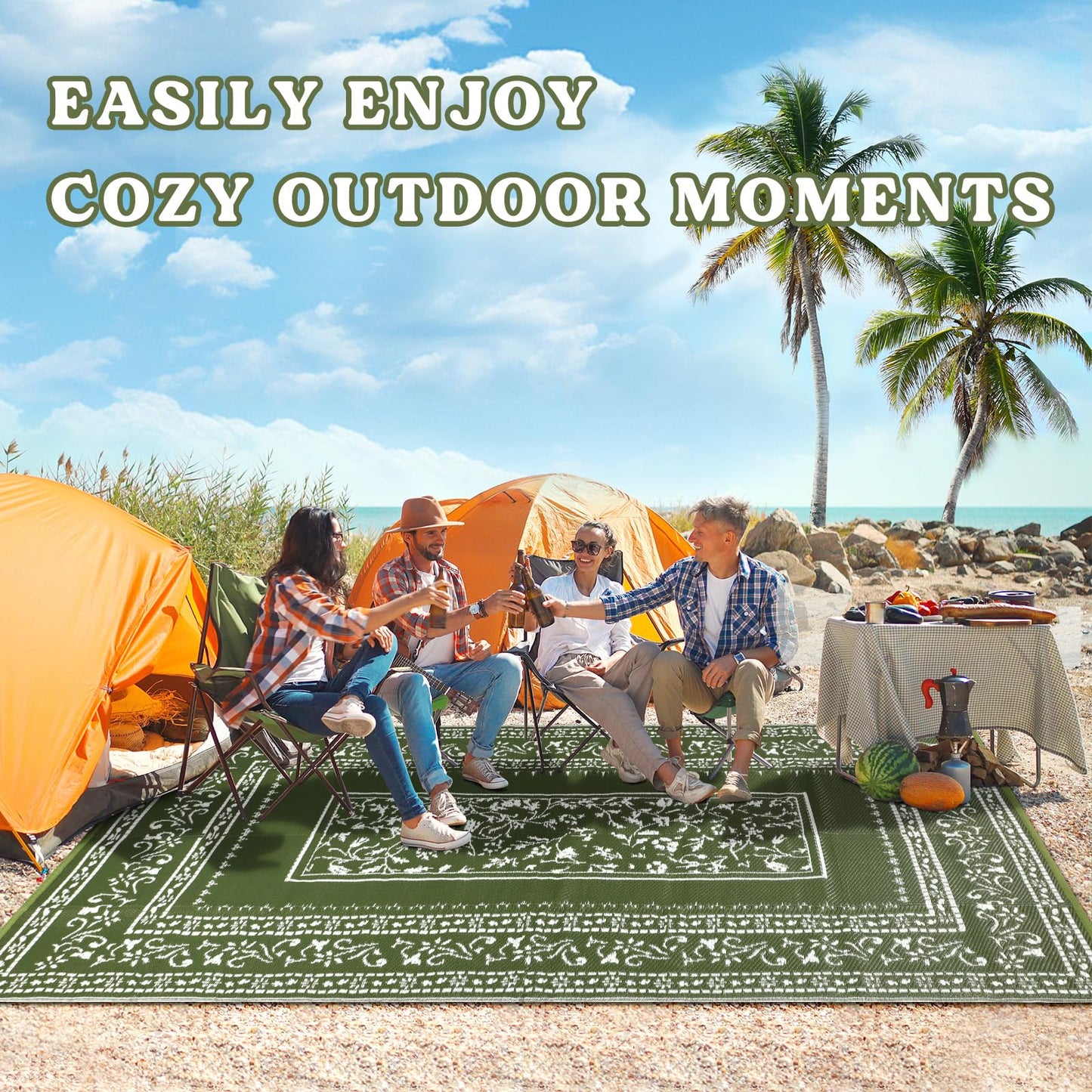 nesrt Patio Outdoor Rug 5x8 Ft Waterproof, Reversible Plastic Straw Floral Rugs for RV Camping Picnic, Portable Outside Balcony Carpet Mat for Deck Backyard Beach Porch (Dark Green)