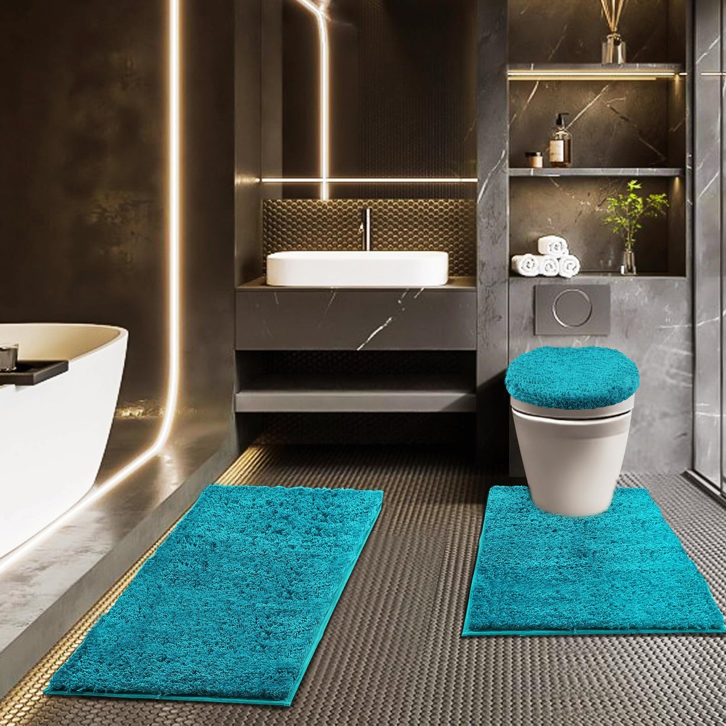 Baahrnom Bathroom Rugs Sets 3 Piece with Adjustable Toilet Seat Cover 17.5"x 15" Machine Washable Bath Rug Set with TPR Non Slip Rubber Backing Solid Bath Mat Set for Luxury Bathroom Decoration