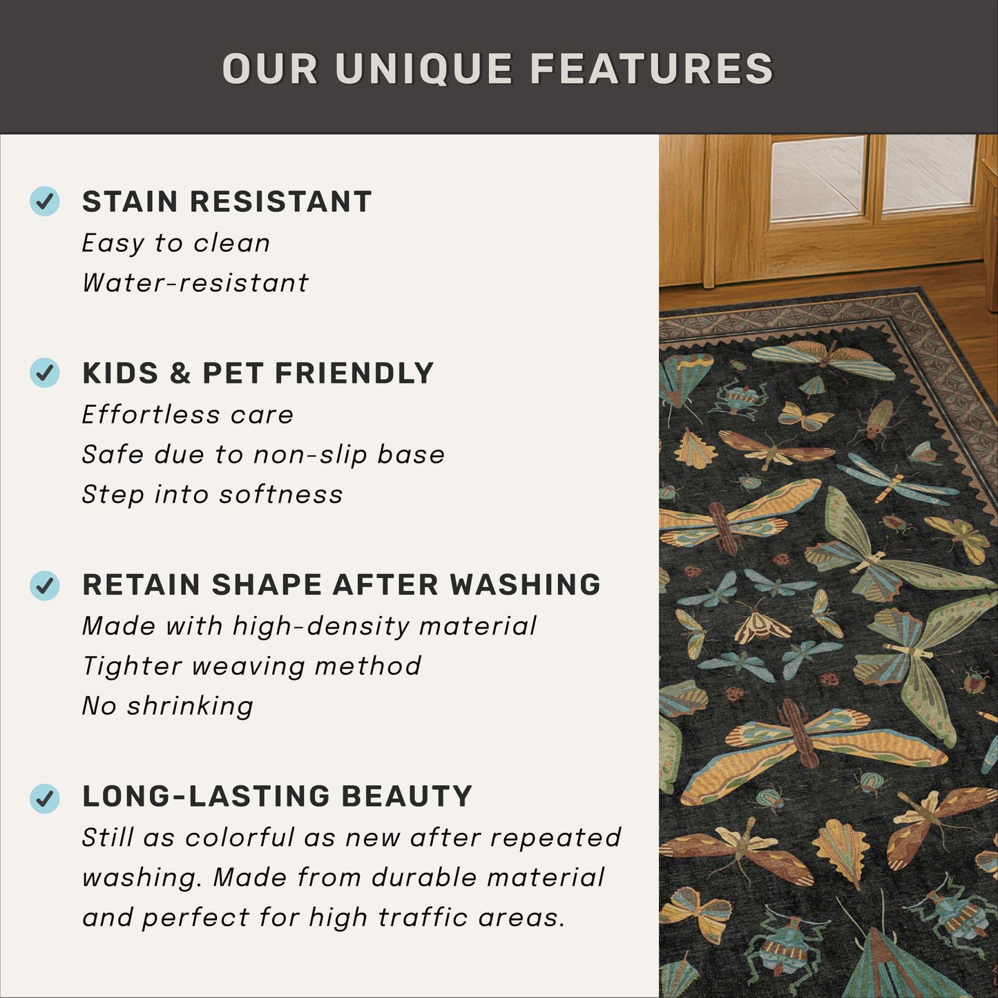 2x6 Black Entryway Runner Rugs Washable Non Slip Runners for Hallway, Kitchen, Mudroom, Laundry Room, Stain Resistant Ultra Soft Non Skid, Nature Insect Fantasy Whimsical Indoor Decor