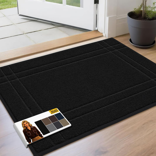 JSEI Door Mat for Entrance, Washable Low Profile Doormat for Front Door & Back Door, Absorbent Entryway Rugs with TPR Non-Slip Backing for Wet Shoes & Dirty Paws, 24" x 36", Black