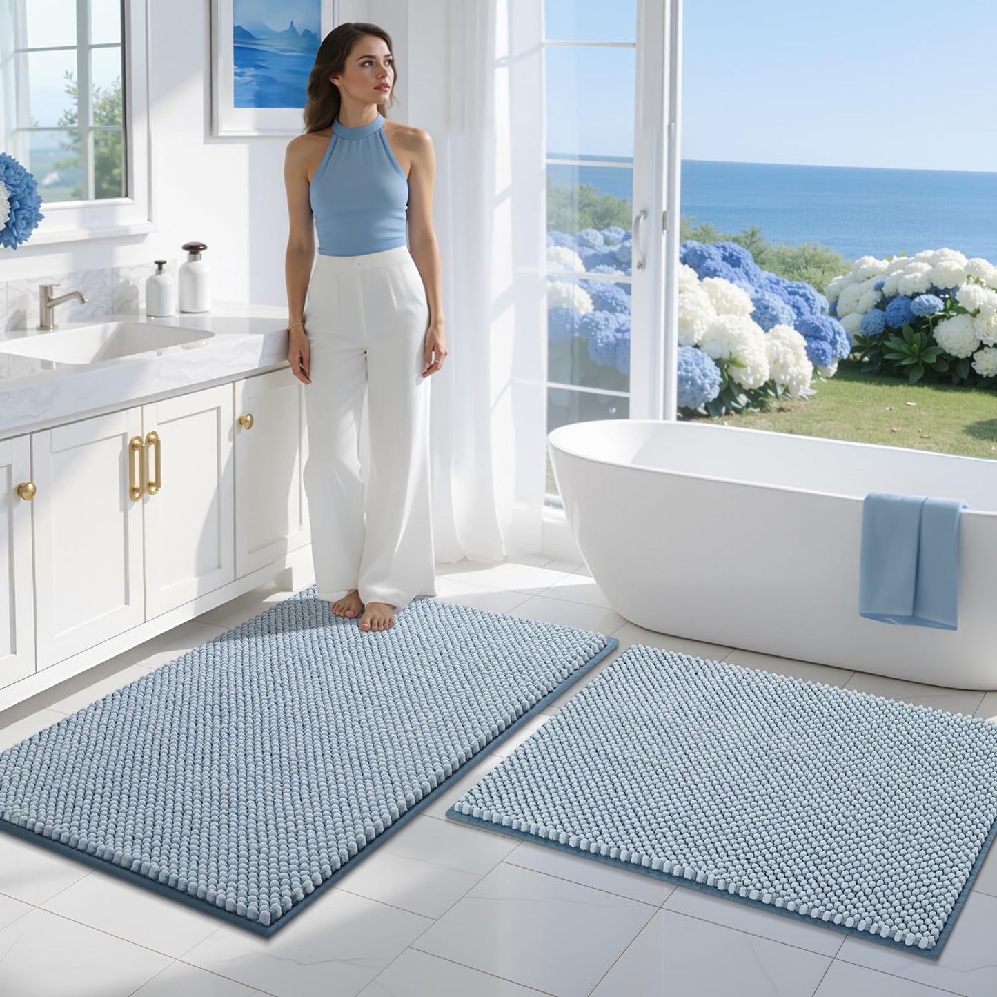 BSICPRO Bathroom Rugs Set 2 Piece-Chenille Bath Mats Non Slip-Thick Soft Absorbent Beach Bath Rug-Shower Floor Mat Machine Washable-Bathroom Decor Accessories (Light Blue, 20" x 32" Plus 16" x 24")