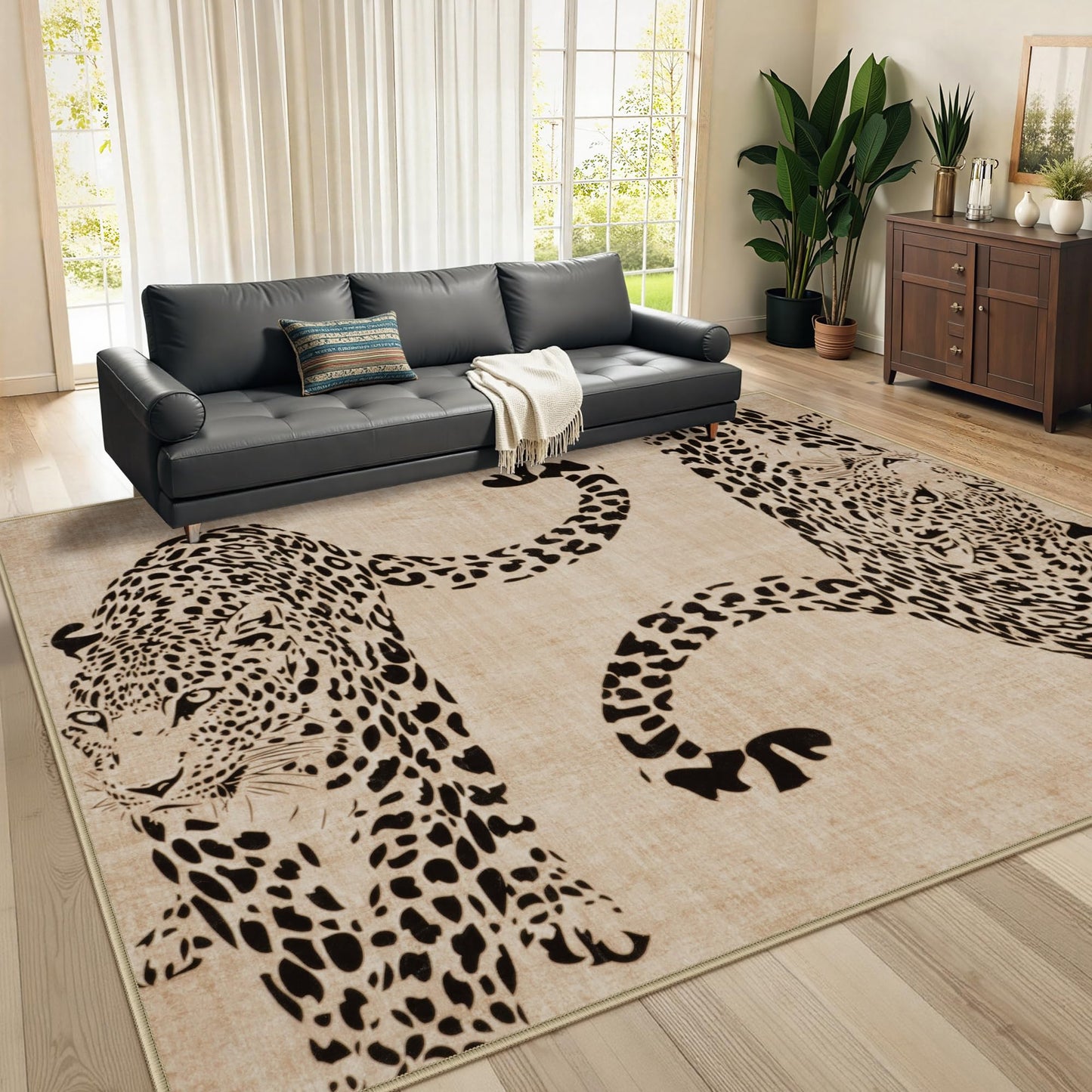 OJIA Leopard Print Rugs for Living Room Beige 8x10 Rug Washable Area Rugs for Bedroom, Modern Non-Slip Ultra-Thin Soft Large Carpet Non-Shedding Nursery Rug for Kids Playroom Dining Room Home Decor