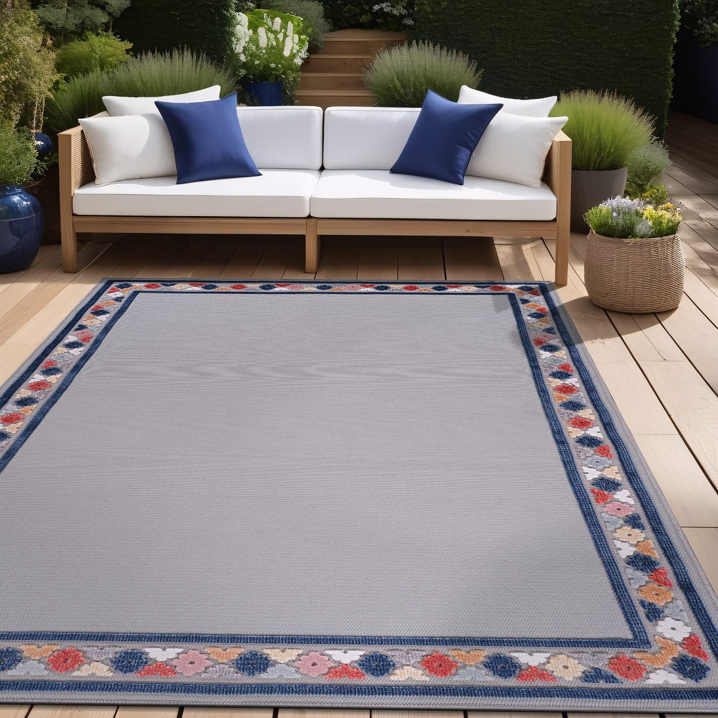 Beverly Rug Outdoor Rug 8x10 Modern Bordered Area Rugs for Indoor and Outdoor Patio Easy to Clean Non Shedding Living Room Porch Garden Washable Outside Carpet (8 x 10 Gray)