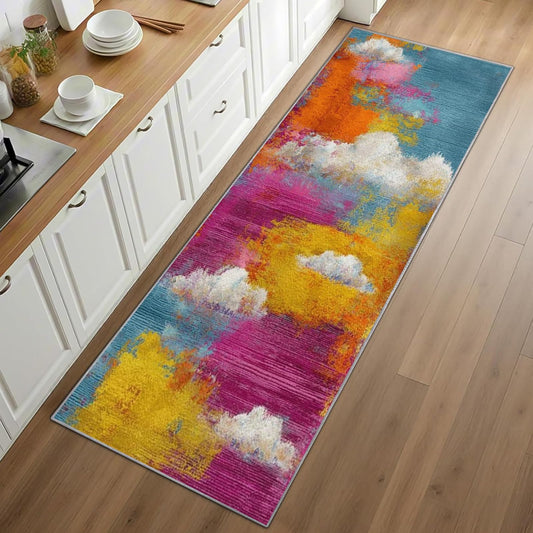 Modern Abstract Runner Rug 2x8ft, Sky Clouds Runner for Kitchen, Vibrant Colorful Rugs,Washable Non-Slip Carpet, Abstract Watercolor Collection Home Decor