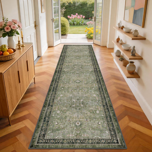 nesrt Vintage Geometric Washable Hallway Runner Rug 2x10 Ft, Dark Green Boho Thin Non-Slip Long Kitchen Carpet, Soft Indoor Stair Rug for Entryway Bathroom Farmhouse Floor Decor