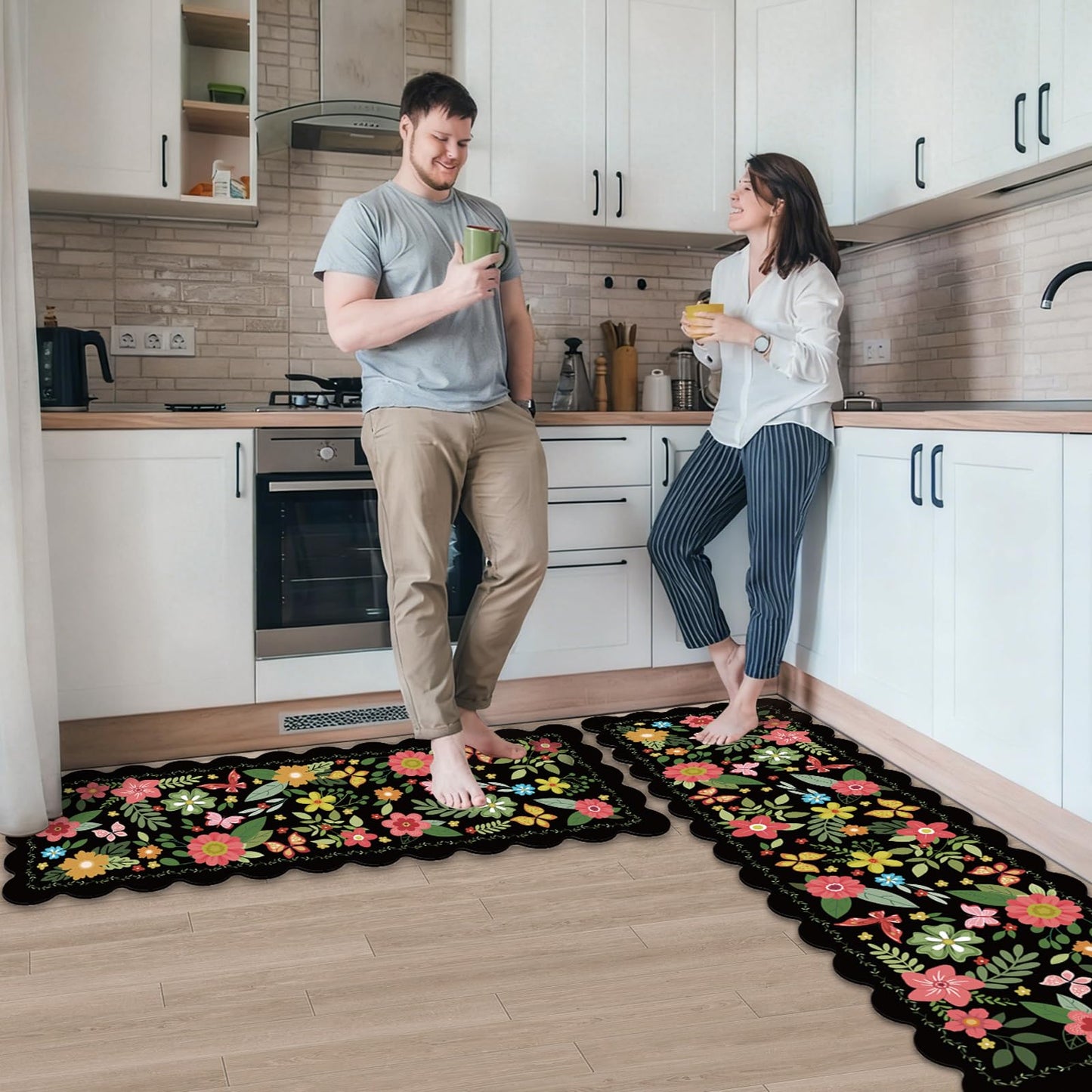 Black Kitchen Mats for Floor 3 Piece Set, Floral Scalloped Kitchen Rugs and Mats Set, Soft Cushioned No-Slip Resistant Kitchen Mats for Floor, Washable Runner Rug for Kitchen Sink, Laundry, Office