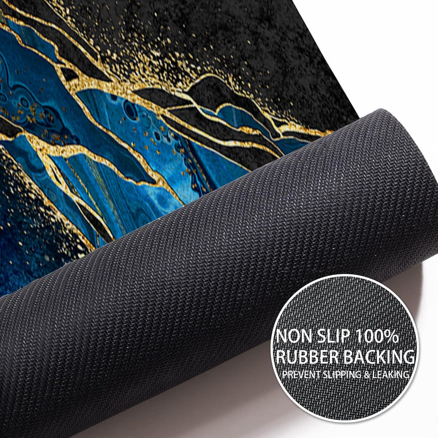 Azppsad Extra Long Bath Rug, Blue and Gold Marble Decoration Non-Slip Bathroom Running Rug with Rubber Backing, Thin Absorbent Quick-Drying Bath Mat for Tub Bathroom Kitchen, 15.7 x 47.2 inches