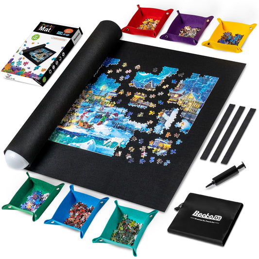 Becko US 2000 Piece Puzzle Mat Roll Up with 6 Sorting Trays & Storage Bag & Black Pump, Jigsaw Felt Mat for Easy Transport & Storage, Portable Puzzle Saver for 2000 1500 1000 Pieces Jigsaw Puzzles