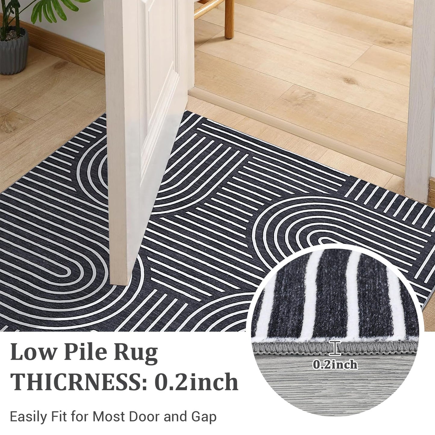 ROYHOME Modern Rug 2x6 Runners for Hallways, Abstract Kitchen Runner Rugs Non Slip Bath Runner, Rainbow Washable Runner Rug for Bedroom, Soft Long Rugs for Entryway Bathroom Laundry Dorm, Black