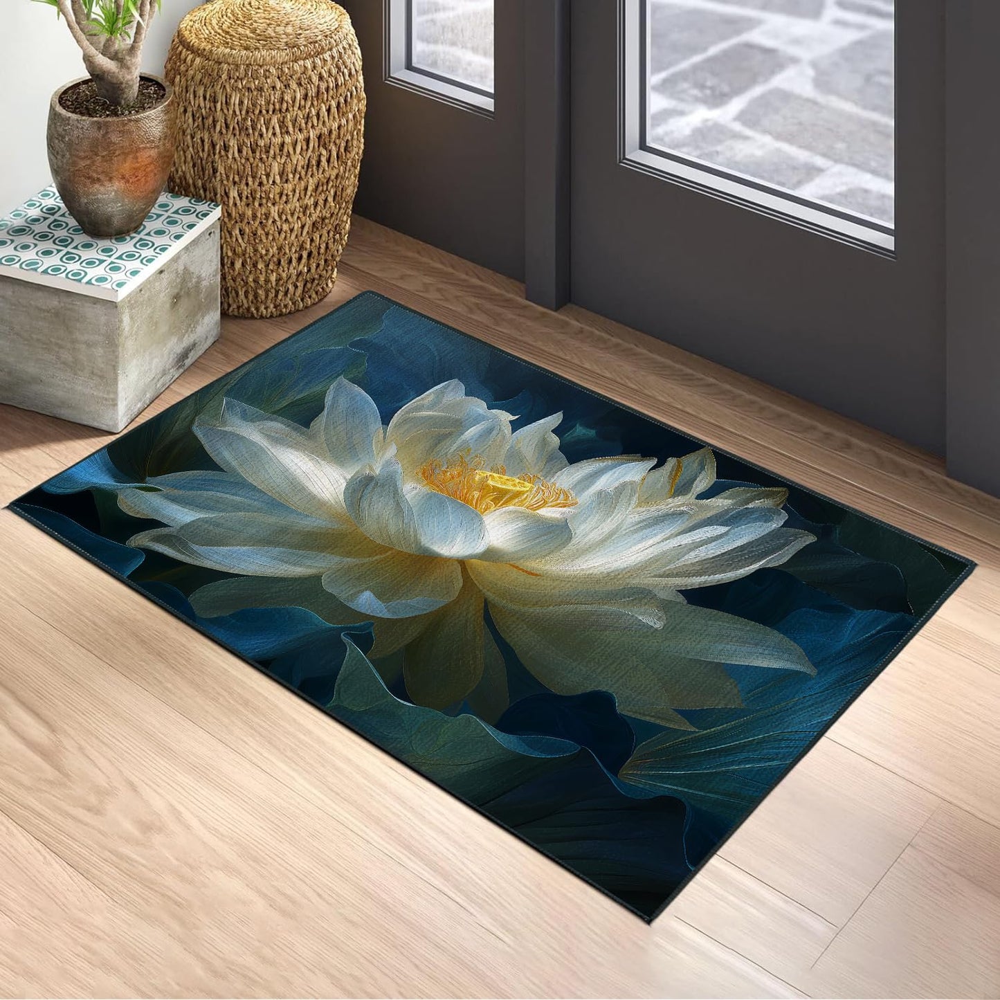 Flower Lotus Area Rug 2x3 ft Entry Rug Washable Boho Rugs Non Slip Low Pile Floral Door Mat Small Carpet for Bedroom, Bedside, Kids Room, Office, Dining Room