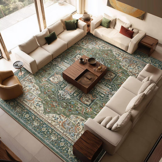 10x14 Area Rugs for Living Room, Washable Boho Non-Slip Vintage Distress Large Rugs for Bedroom Dining Room Office, 0.3" Neutral Oriental Throw Thin Carpet, Green/Multi