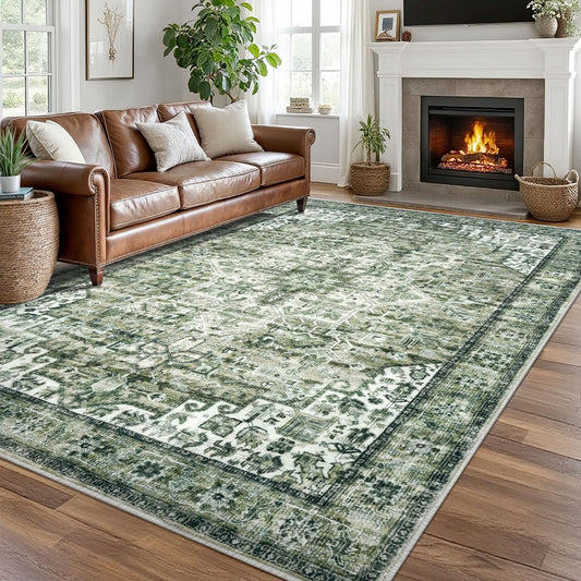 SIILOOM 8x10 Area Rug Green, Vintage Floral Large Washable Printed Rug for Living Room Non-Slip Ultra Soft Bedroom Rug Tribal Traditional Farmhouse Carpet for Dining Room Office Home Décor