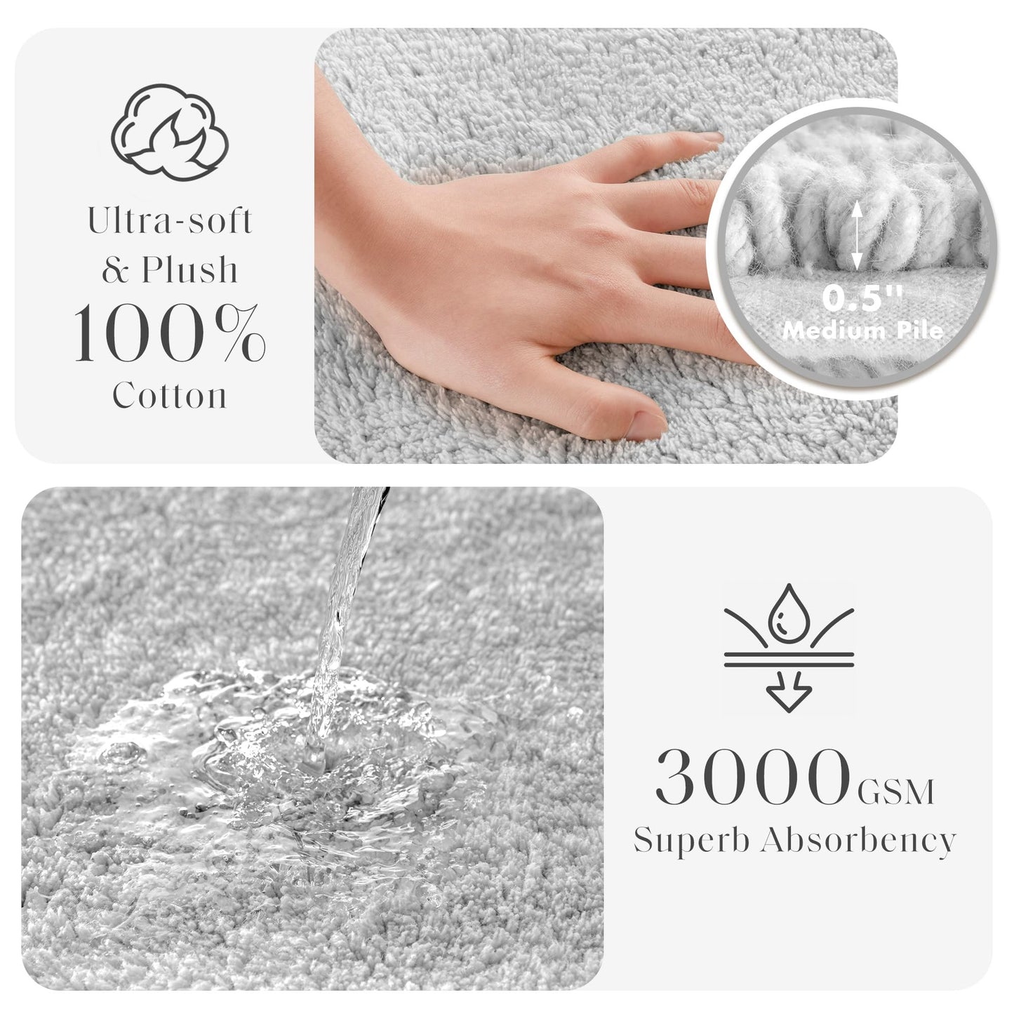 Madison Park Splendor Reversible 100% Cotton Tufted Bathroom Rug-3000 GSM Hotel Quality Luxurious Plush Medium Pile Bath Mat Absorbent, Quick Dry, Shower Room Décor, 21x34, Grey