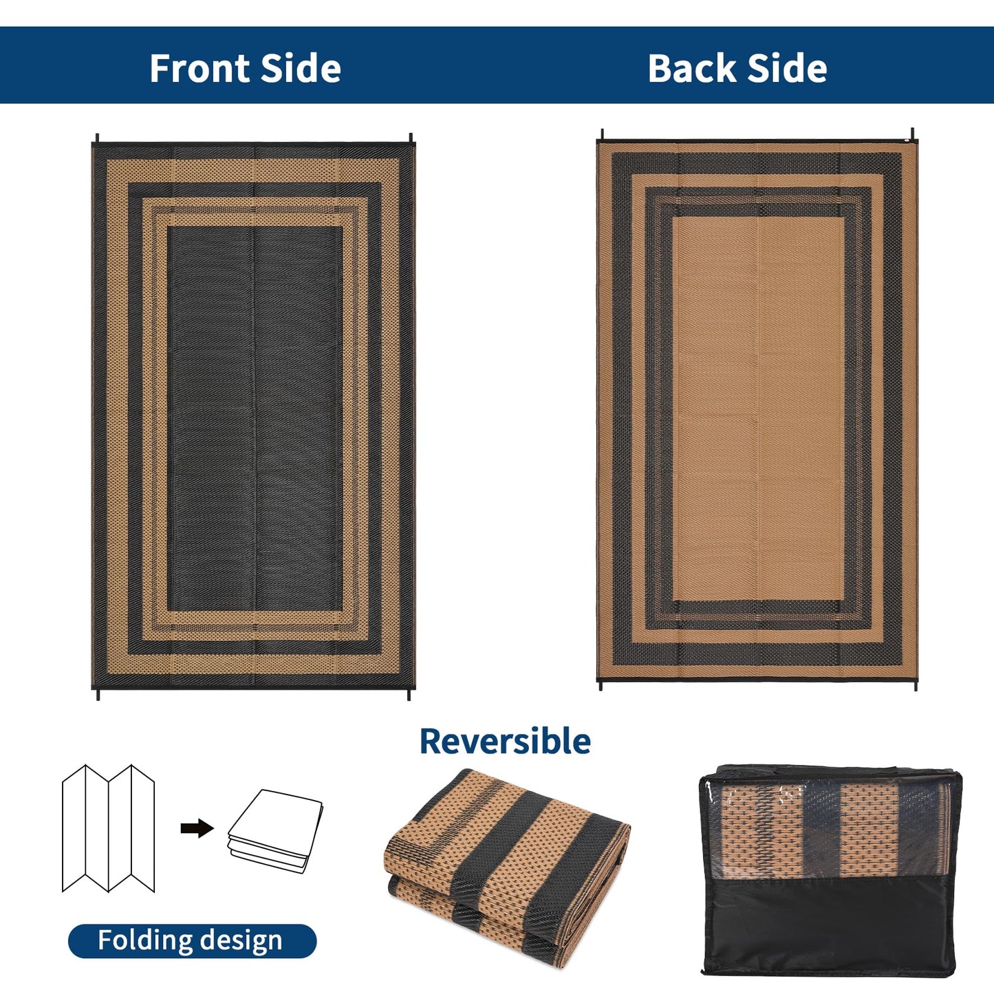 GAOMON 9x18 Plastic Straw Rug Outdoor Rugs for Patio Waterproof Reversible Mat Modern Bordered Camping Rug for Porch RV Backyard Pool Deck Picnic Beach Trailer Border-Black/Brown