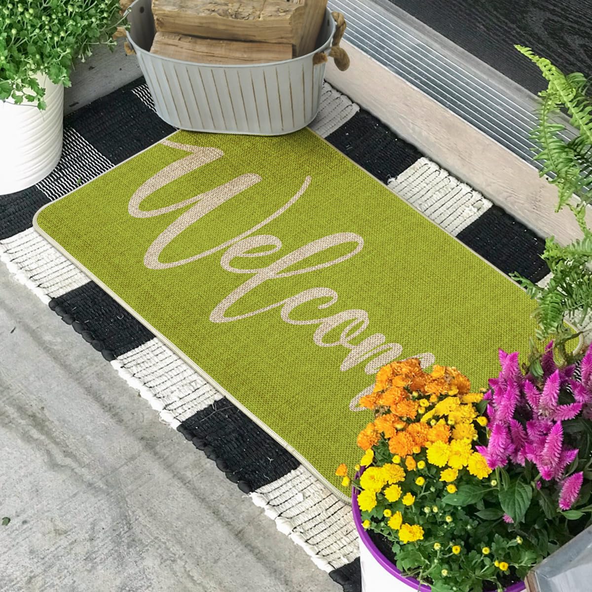 Artoid Mode Green Welcome Spring Doormat, Home Summer Decor Switch Rug Door Mat Floor Mat 17x29 Inch