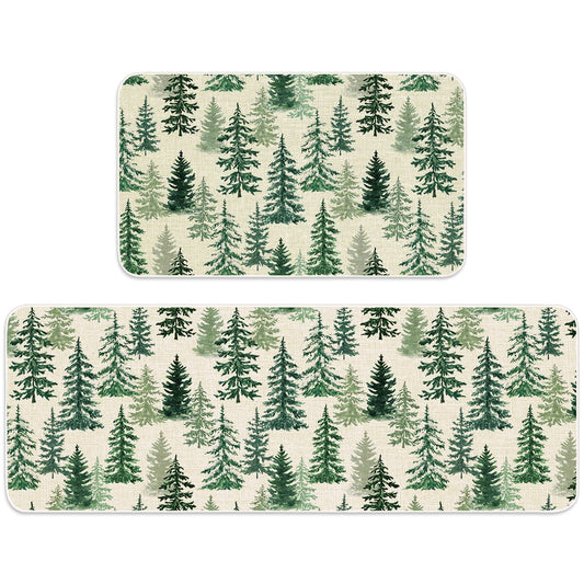 JarThenaAMCS Christmas Kitchen Mat Set of 2 Watercolor Cedar Forest Kitchen Floor Mats Winter Trees Non-Slip Door Rugs for Xmas Holiday Home Entrance Decor