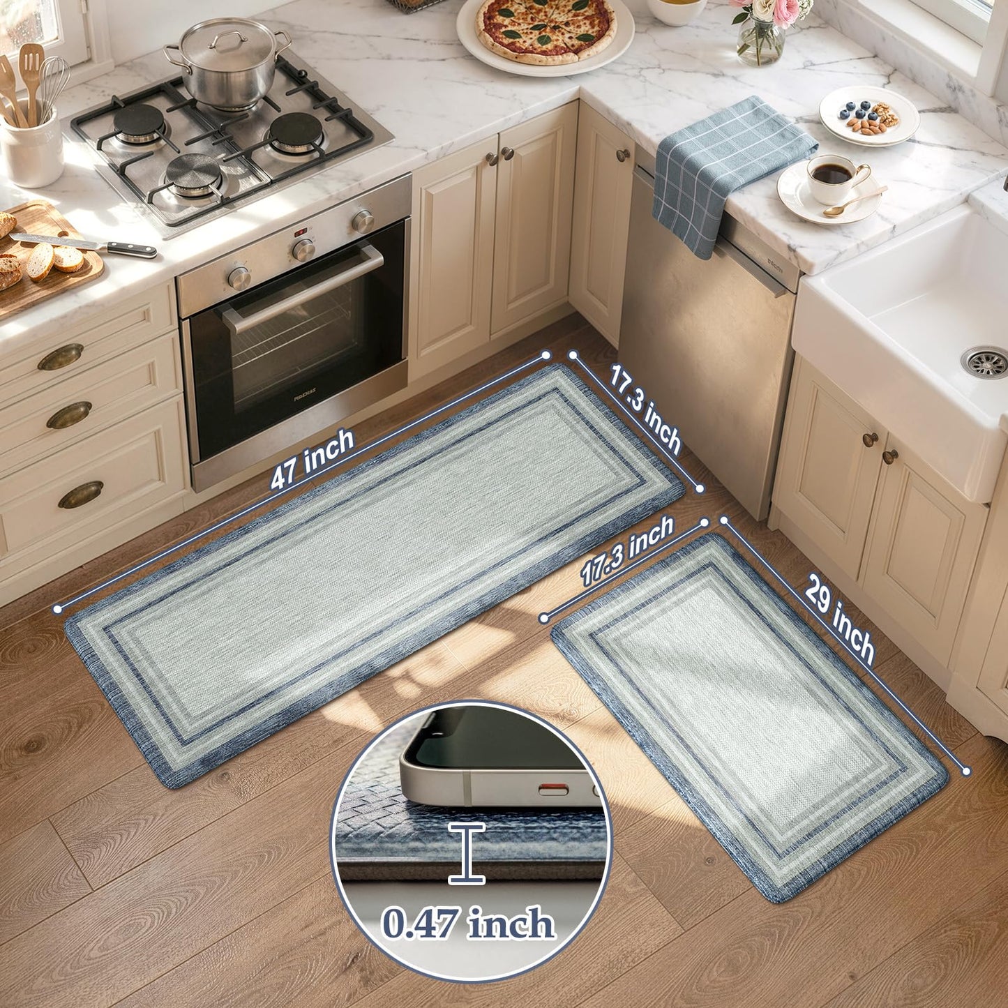 KIMODE Anti Fatigue Kitchen Mat 2PCS Non-Skid Waterproof Kitchen Rugs Farmhouse Kitchen Mat for Floor Laundry Room Rug,Cushioned Comfort Foam Standing Mat for Office Sink Desk Blue and Gray Home Decor