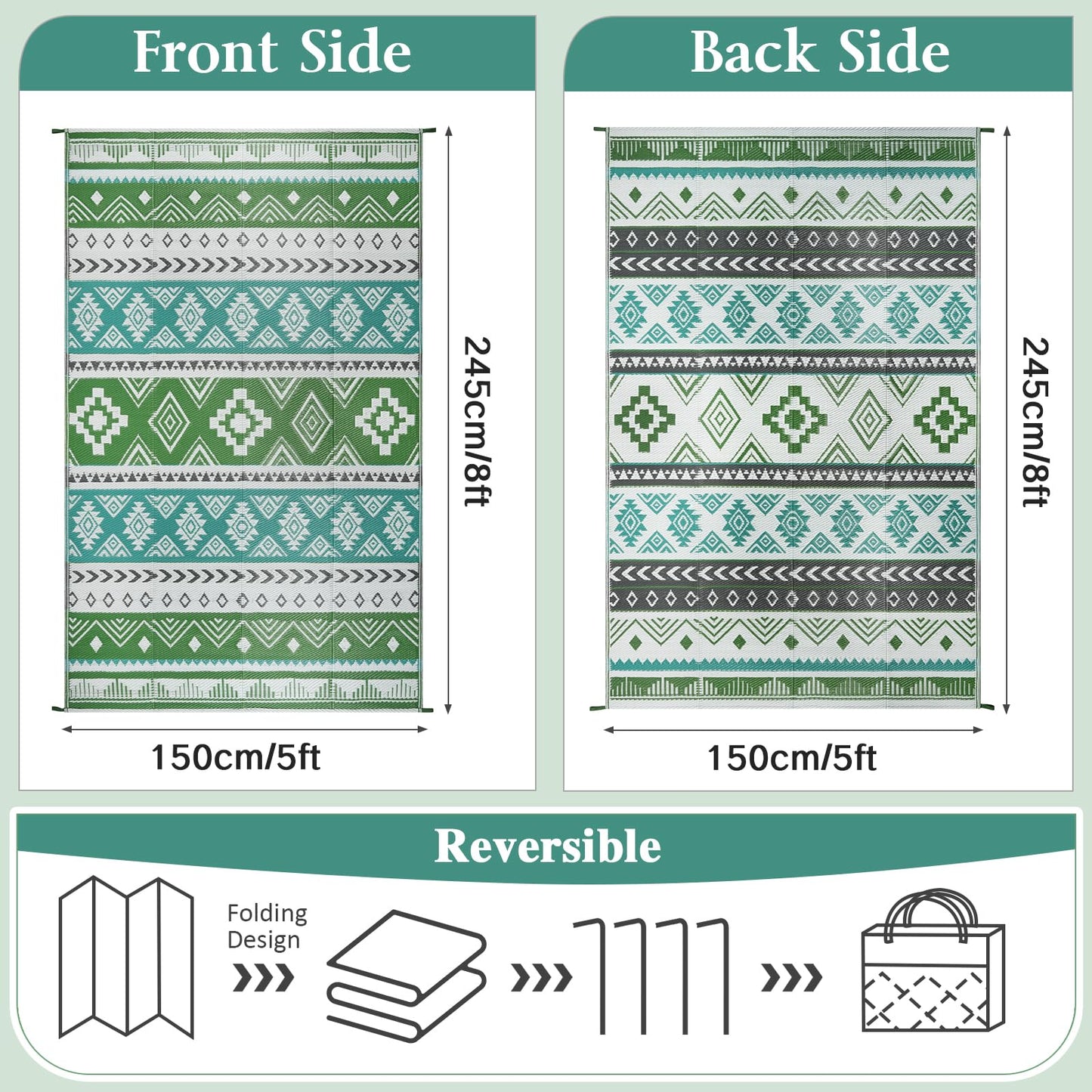 Outdoor Rug 5x8 ft Waterproof Reversible Plastic Straw Patio Camping Rug, Portable Indoor Outdoor RV Mat Carpet for Deck, Camper, Porch, Balcony, Backyard, Picnic, Blue