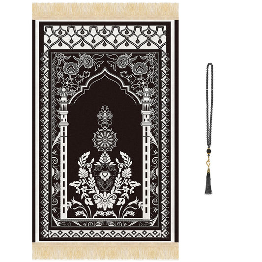Silkovahamd Prayer Mat Ramadan Gifts - Portable Black Prayer Rug Islamic Muslim Tasbih Beads, Praying Carpet for Islamic Man Women Eid Salah Namaz Meditation Decorations for Home