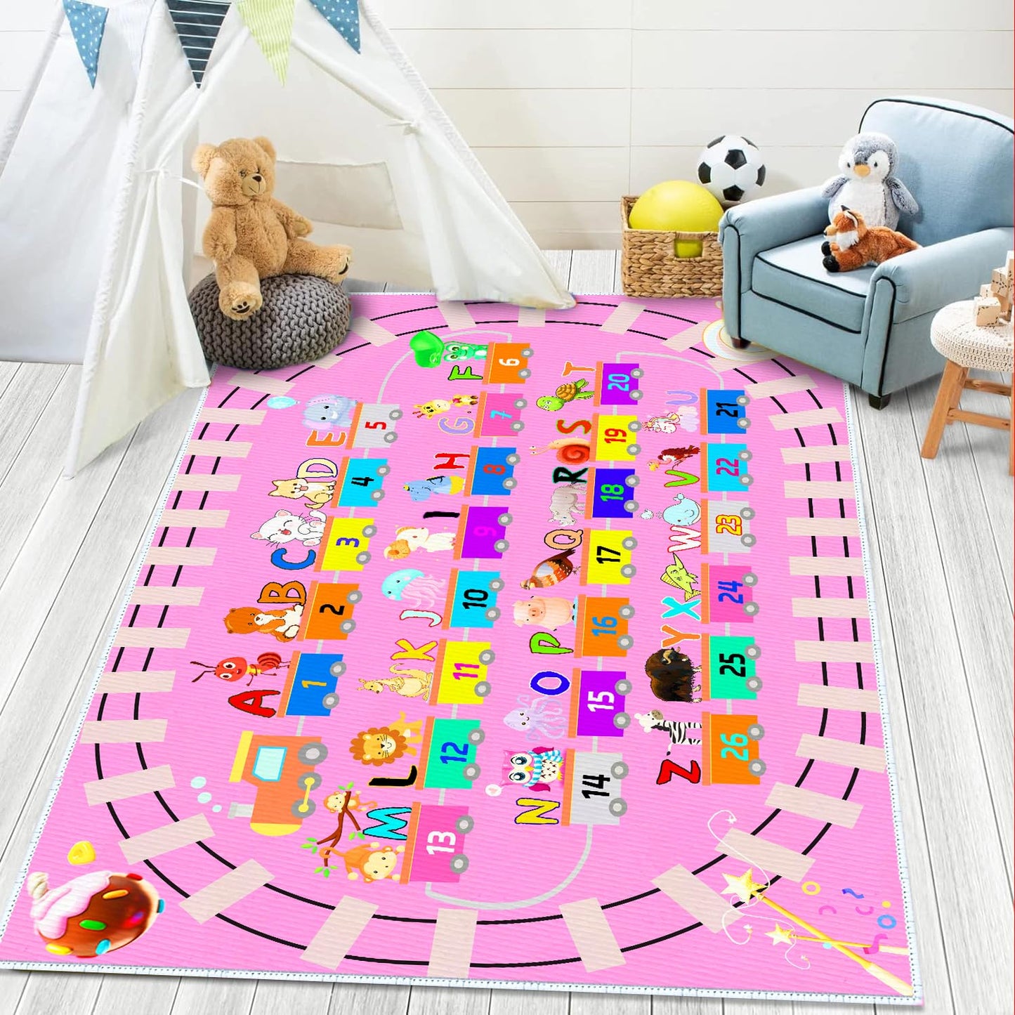 DoRlPIeY Kids ABC Pink Play Rug, Girl Alphabet Rugs with Numbers Animal Train and Road Shapes Learning Fun Educational Carpet, Playmat for Kid Bedroom Playroom(31x47 in Small Pattern)