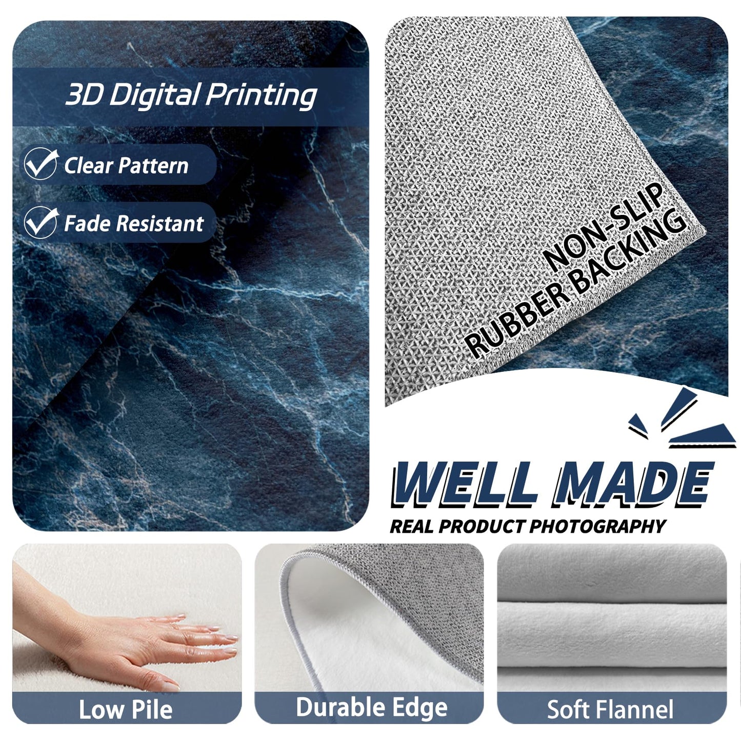 Aquailis Marble Rugs for Bedroom - Blue Marble Rug, 3x4 Rug, Modern Abstract Area Rug, Abstract Luxury Washable Non Slip Rugs, Contemporary Carpet - Home Decor, Modern Gifts for Men