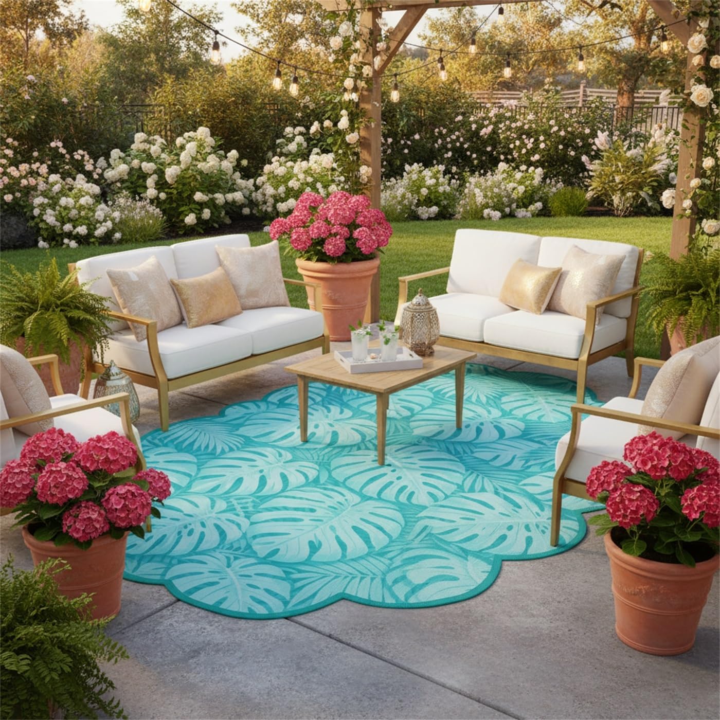 Monstera Palm Leaf 2x3 Outdoor Waterproof Area Rug for Porch Patio Deck Camping Teal Tropical Plant Scalloped Irregular Shaped Rugs Non Slip Thin Washable Veranda Front Yard Foyer Carpet Outside Mat