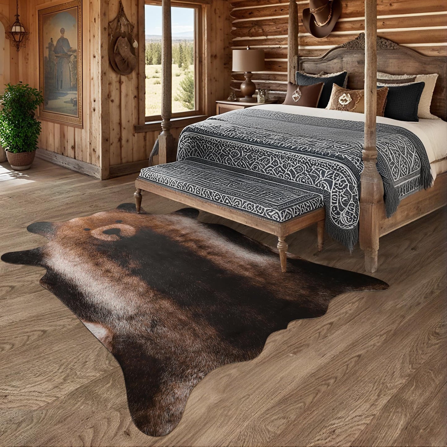 AROGAN Premium Bear Print Rug 4.6x5.2 Feet, Machine Washable Faux Fur Rug, Non-Slip Animal Print Hide Bear Skin Area Rug for Bedroom Living Room Home Decor