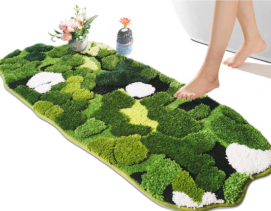 Hifuwan Cute Green Moss Bathroom Runner Rug Long Rectangular Boho Aesthetic Leaf Leaves Bath Mat Shaggy Non Slip Absorbent Shower Mat Decor