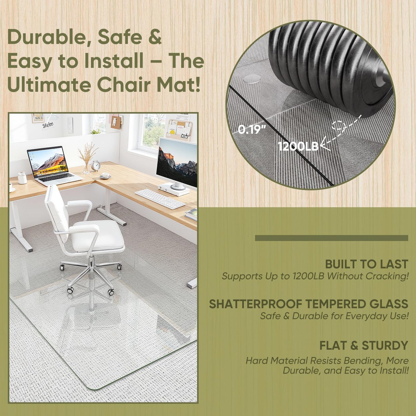 Furnbar 45" x 60" Office Chair Mat for Carpet, Tempered Glass Chair Mat with Rounded Corners and Polished Edges, Desk Floor Mat for Carpet, Hardwood Floor, Office