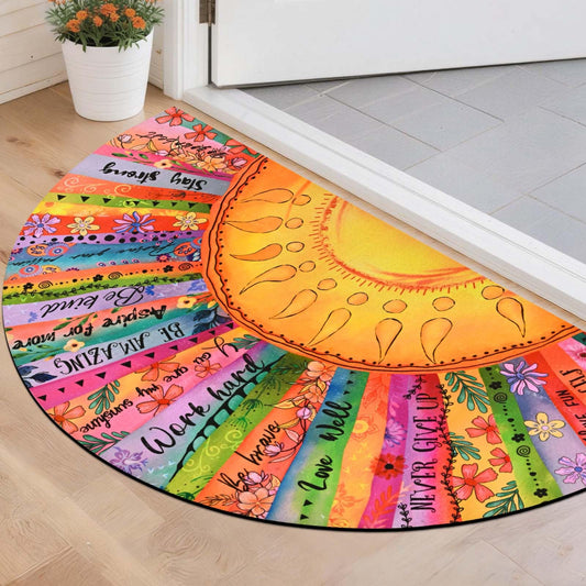 Likiyol Sun Door Mat Indoor Entrance, Inspirational Quotes Welcome Mat Half Circle Front Door Mats, Colorful Floral Non Slip Boho Doormat Outdoor Indoor Entrance, Low Profile, Absorbent, 18" x 30"