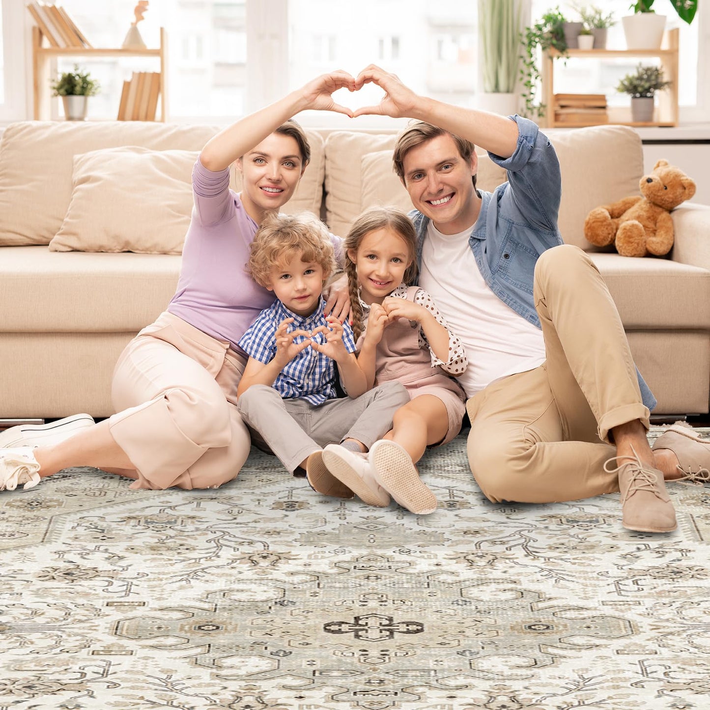 HILORUUG Living Room Area Rugs 10x14: Extra Large Area Rug Super Soft Distressed Oriental Rugs with Non-Slip Backing - Thin Stain Resistant Indoor Rug - 10x14 Ivory