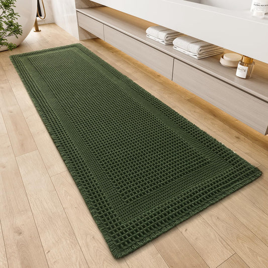 AMOAMI Waffle Bath-Mat, Absorbent Bath Mats for Bathroom Non Slip, Machine Washable Bathroom Rugs with Tassels Ultra Soft Boho Bath Rugs for Floor 2'x6'(24"x72") Dark Green