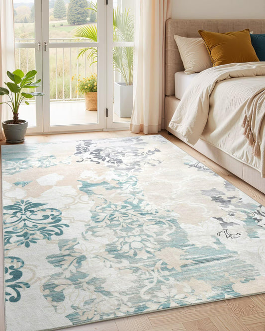 Macgace Washable Abstract Rug, 5x7 Ivory and Aqua Floral Area Rugs with Non-Slip Rubber Backed for Bedroom, Low Pile Modern Throw Carpet Kitchen Living Room Decor