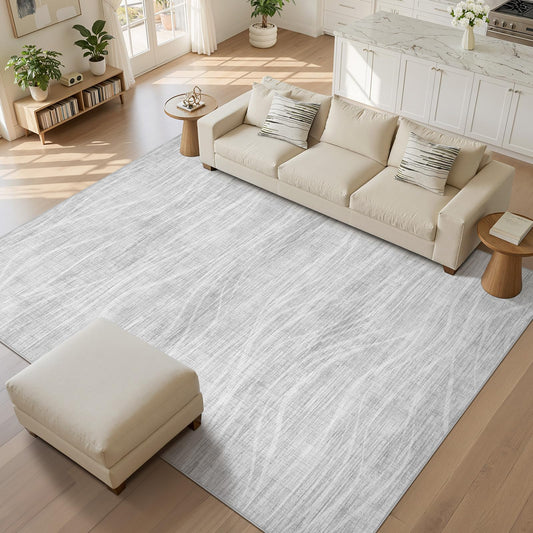 WITSHOCK Washable Rugs 8x10 Modern Area Rugs, Thin Rug for Living Bedroom Dining Room Nursery Kitchen Office, Wave Striped Rugs Indoor Carpet Soft Non Slip Stain Resistant Home Decor, Light Grey