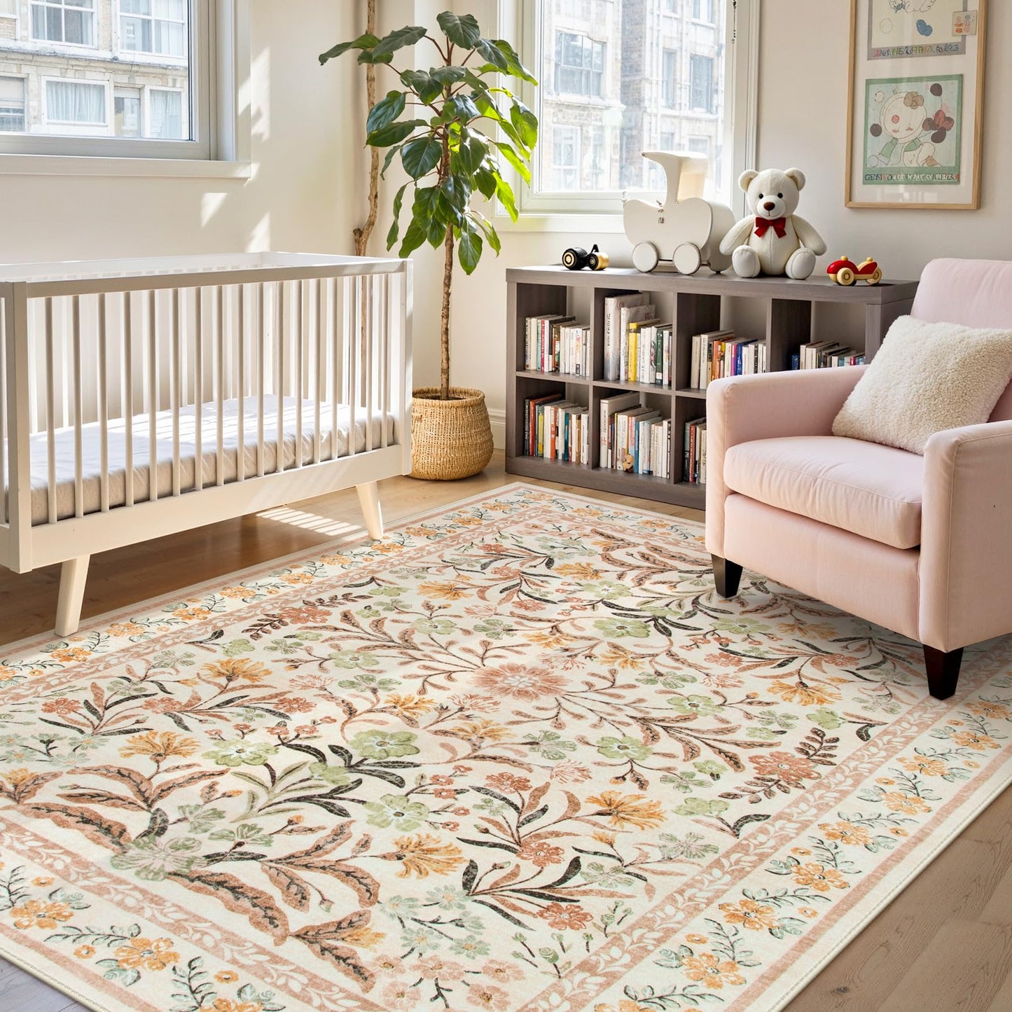 Lahome Sylvie Boho Nursery Living Room Rug, Washable Area Rugs 5x7 for Classroom Kids Room, Soft Floral Thin Carpet for Dorm Apartment Bedroom Decor, Ochre Fall