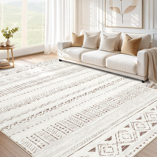 cotiled 5x7 Area Rugs Living Room Rug: Washable Boho Rugs with Non Slip Backing Large Soft Indoor Stain Resistant Carpet for Bedroom Farmhouse Dining Room Lightweight Home Decor L Brown/Cream