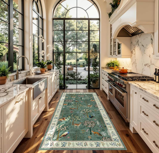 Y-BEST Washable 4x8 Kitchen Area Rug: 8ft Low Pile Wide Rugs for Bedroom Home Office Soft Animal Botanical Print Pattern Non-Slip Backing Carpet for Dining Room Entryway Bathroom (4x8 Forest Green)
