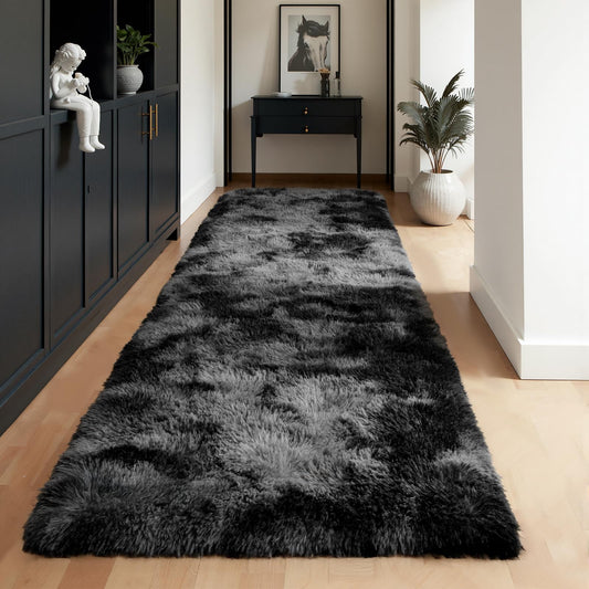 Zentavio Runner Rugs for Hallway 2x6 Shag Soft Bedroom Bedside Rugs Non Slip Fluffy Carpet for Kids Girls Boys Home Decor Aesthetic Dorm Nursery Tie-Dyed Black Grey
