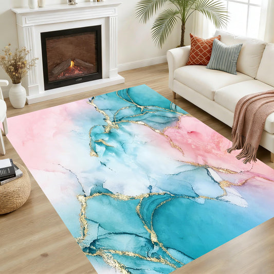 VTKON Pink Teal Marble Area Rug 5'x7' for Living Room Dining Room Nursery Watercolor Pastel Marbled Rug for Girls Women Bedroom Decor Washable Non Slip Agate Pattern Carpet