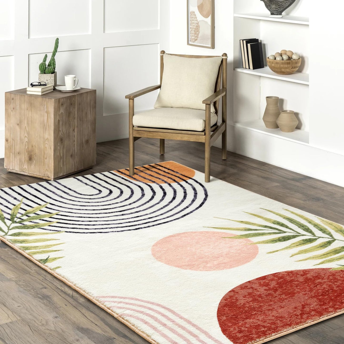 RoomTalks Mid Century Modern Washable Rug, Boho Cute Aesthetic 4x6 Area Rugs for Bedroom Dining Living Room Kitchen, Abstract Tropical Leaves Non Slip Thin Indoor Entryway Rug Accent Floor Carpet