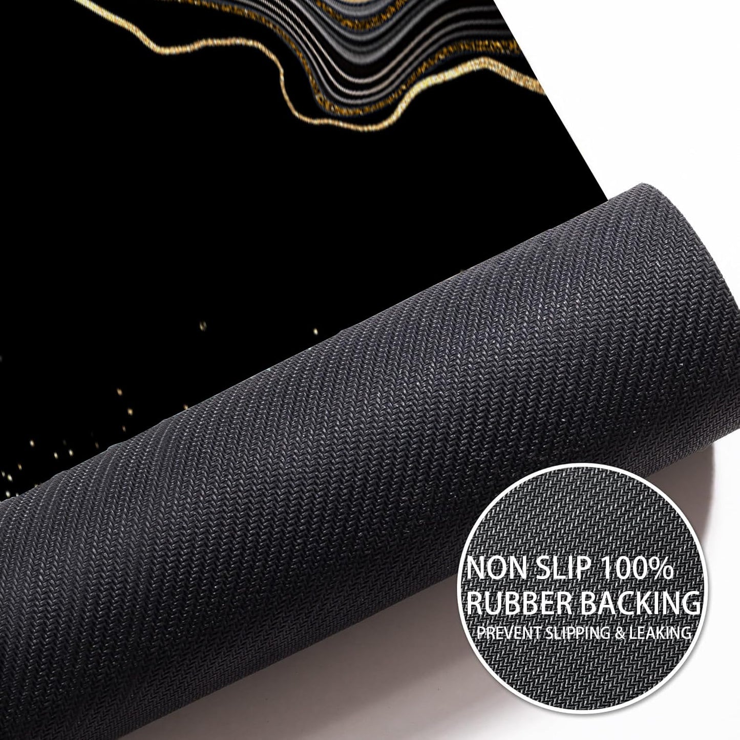 Azppsad Extra Long Bath Rug, Black and Gold Marble Decor Non Slip Bath Runner Rug with Rubber Backing, Thin Absorbent Quick Dry Bath Mats for Bathtub Bathroom Kitchen, 15.7x47.2 inch