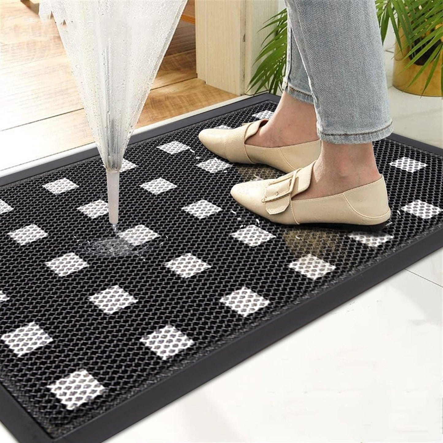 Tiamo Front Door Mat Outside Entrance,Large Rubber Welcome Mat,Non-Slip & Heavy Duty Doormat Entryway,Black and White,35.4"*23.6"