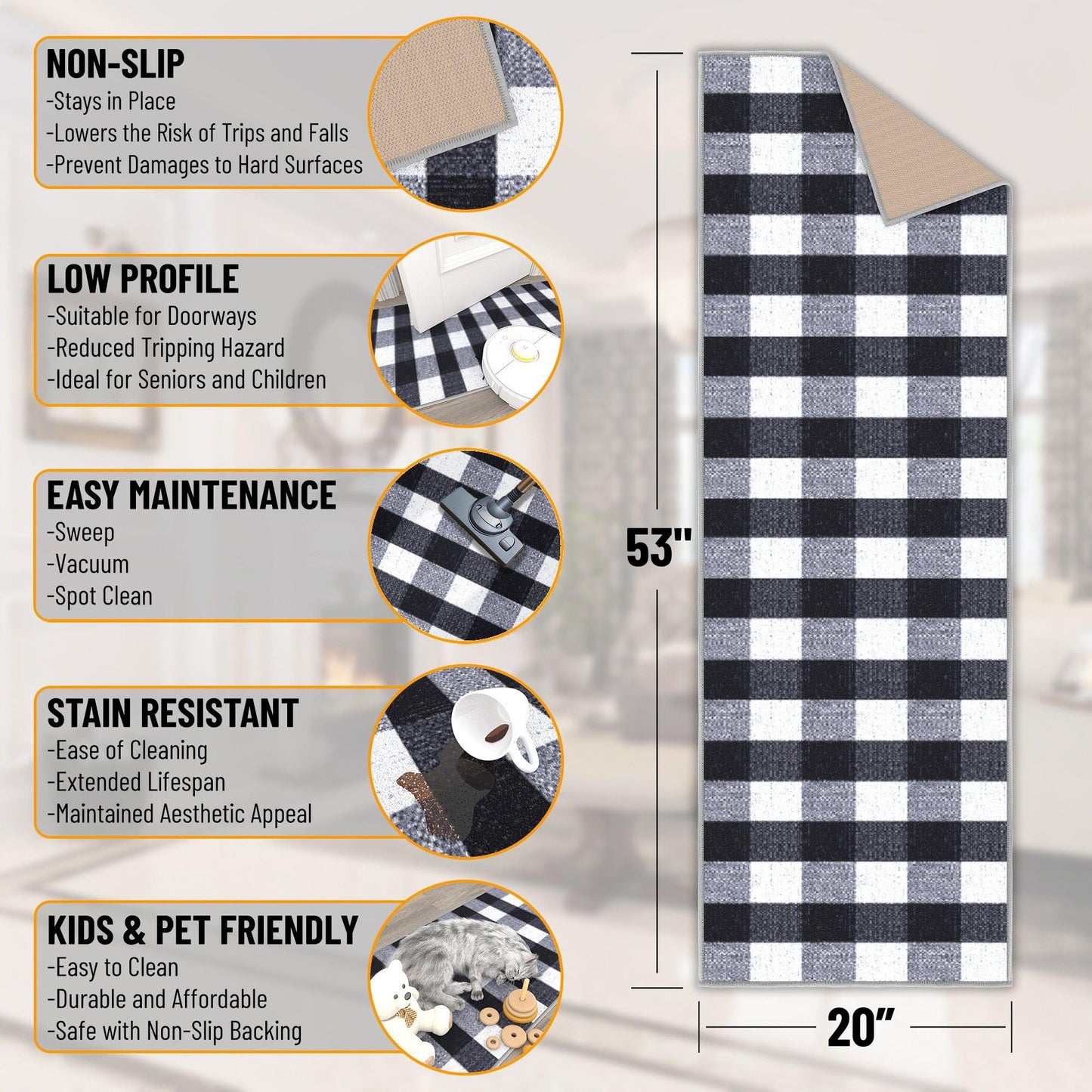 Ottomanson 20" x 53" Kitchen Runner Rug – Non Slip Stain Resistant Low Pile Kitchen Floor Mat for Sink, Laundry Room, Hallway & Bathroom, Checkered Black/White