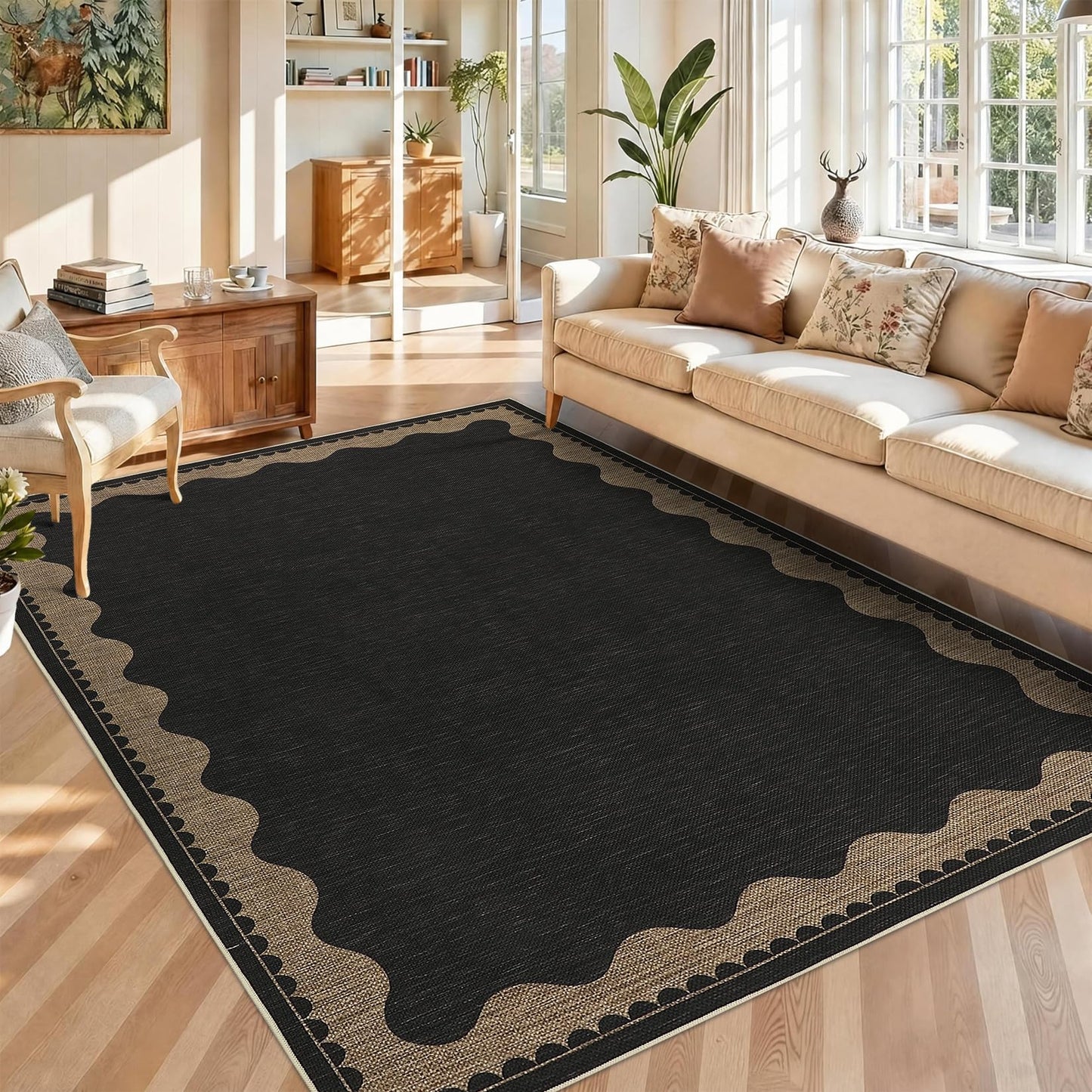 Garvee 8x10 Scalloped Easy Jute Area Rugs for Living Room, Modern Border Washable Outdoor Patio Rug with Non Slip Backing, Non Shedding Stain Resistant Mats for Bedroom, Dining Room, Porch, Black
