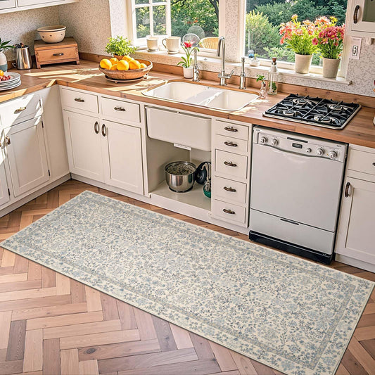 jinchan Zenith Floral Runner Rug 2x6 Washable Kitchen Runner Non-Slip Low-Pile Soft Carpet Runner Botanical Throw Rug for Entryway Laundry Room Hallway Bedroom Blue/Cream