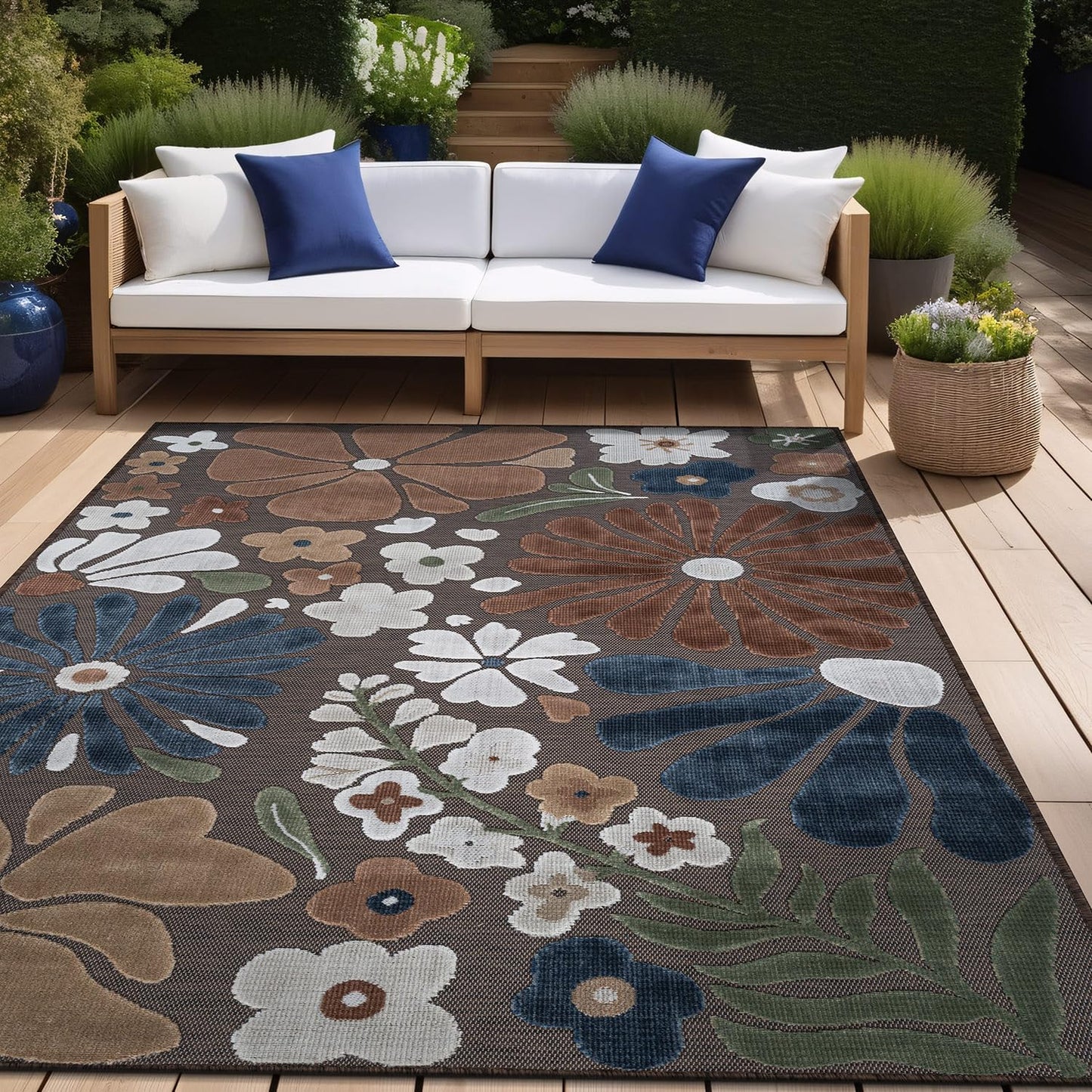 Beverly Rug Outdoor Rug 9x12 Large Modern Floral Tropical Area Rugs for Outdoor and Indoor Patio Easy to Clean Non Shedding Living Room Porch Garden Washable Outside Carpet (9 x 12 Brown)